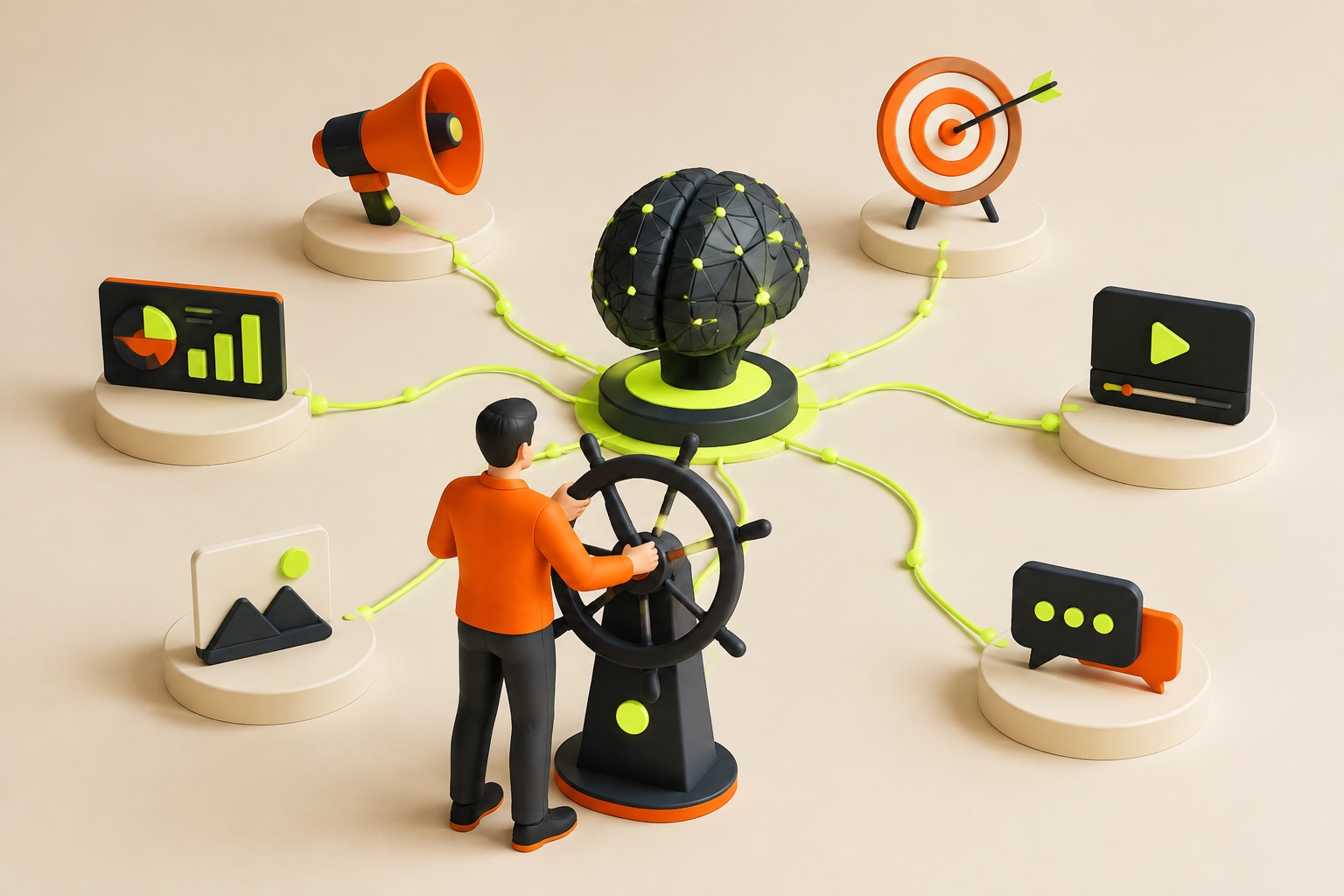 A person guiding a connected network of AI-assisted marketing tools.