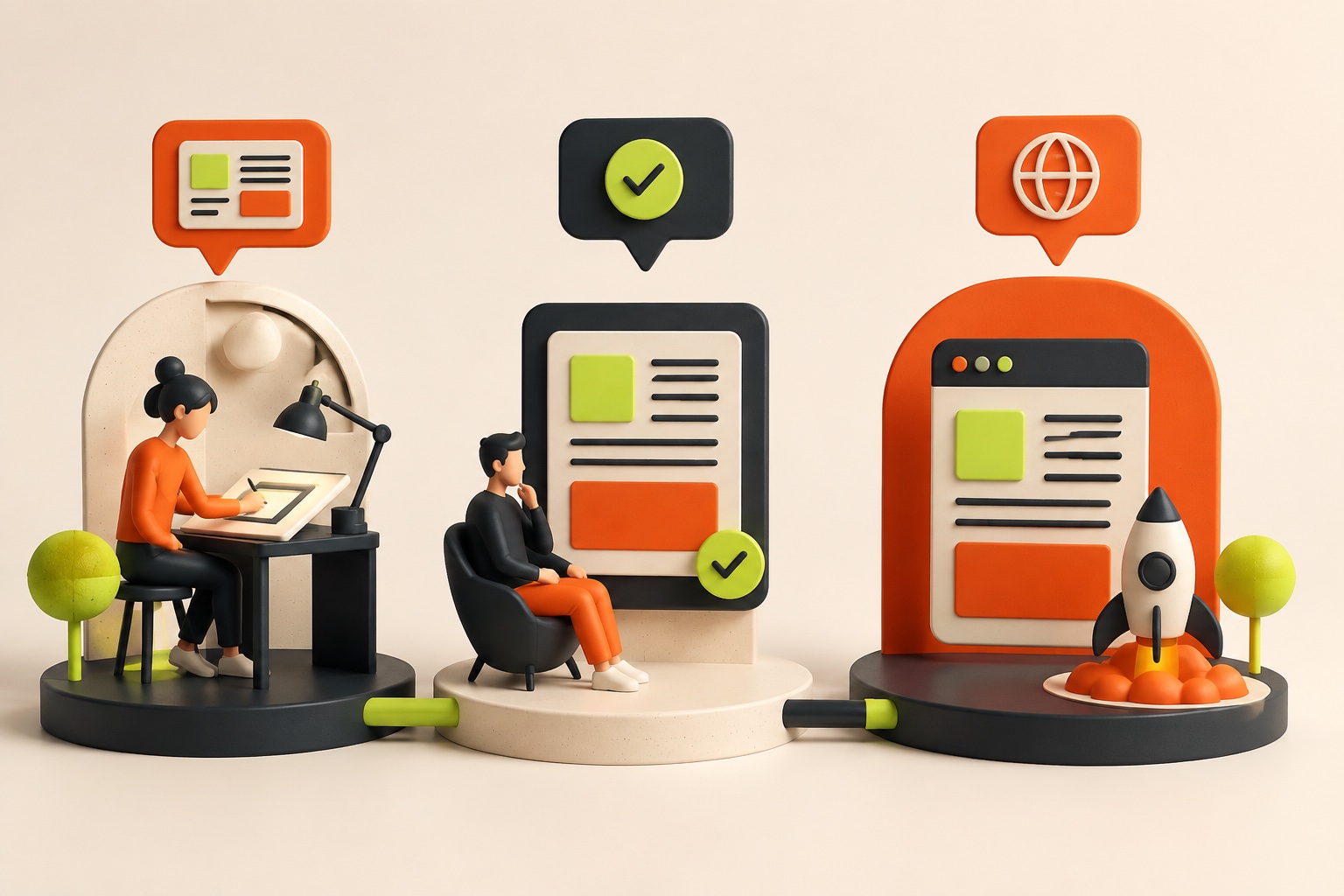 Content moving through creation, review, and publication.
