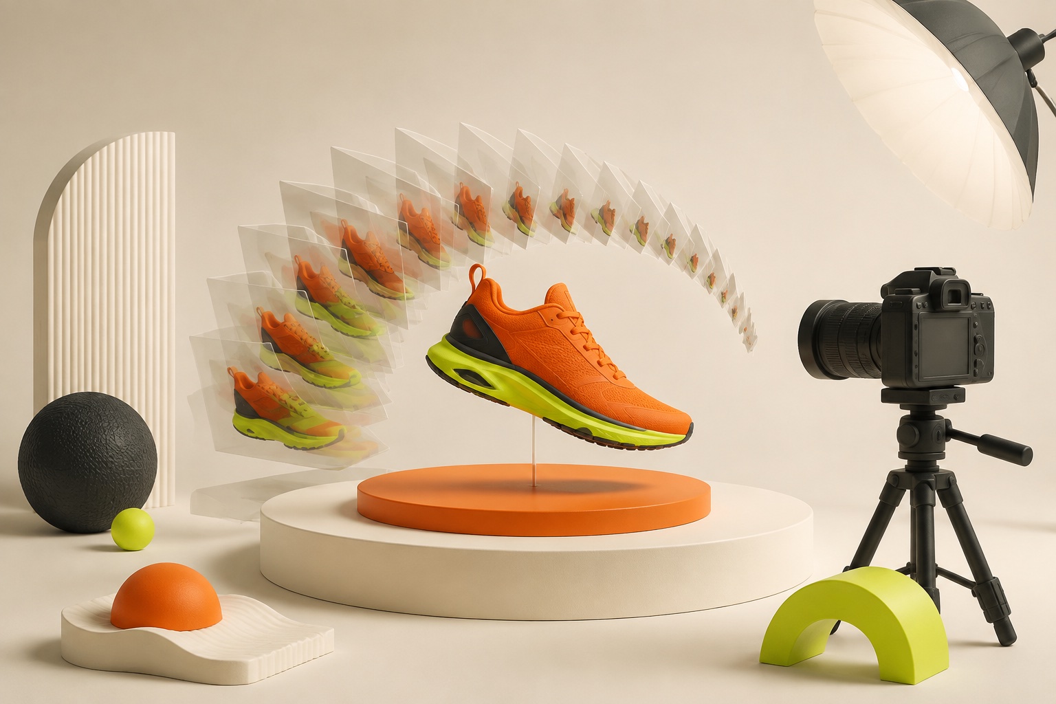 A product video studio with a camera and motion storytelling elements.