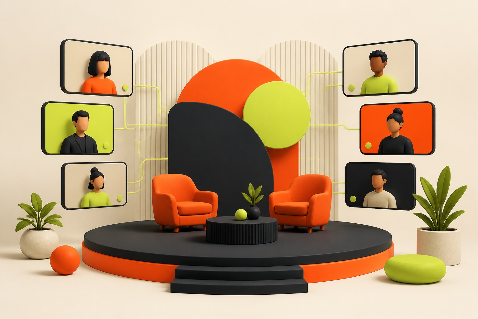 A virtual stage connecting presenters and remote participants.