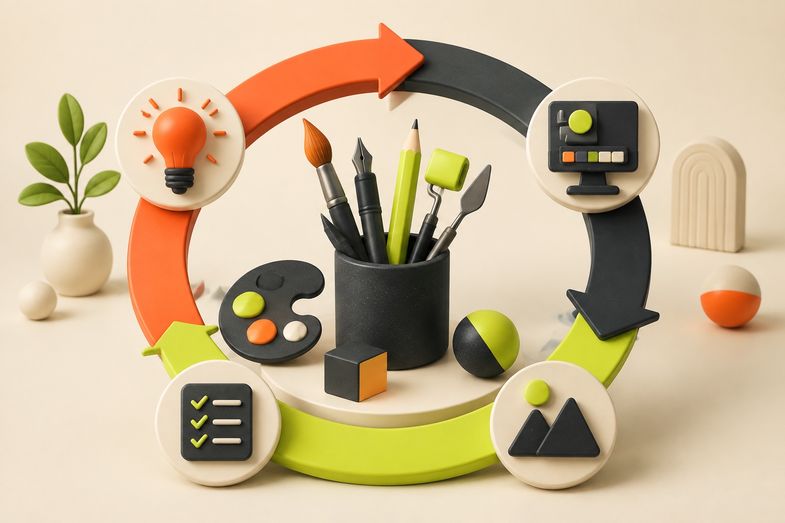Creative tools arranged around an ongoing marketing workflow.
