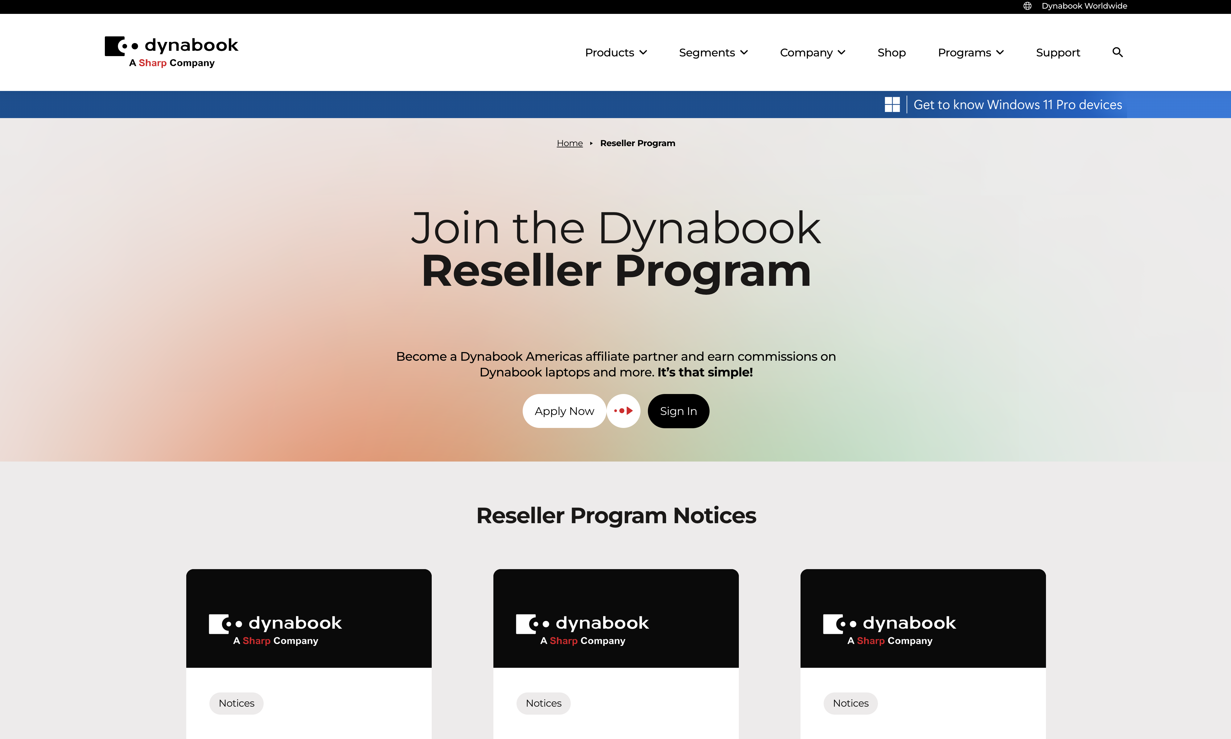 Dynabook reseller program website with partner application, sign-in, and program notices