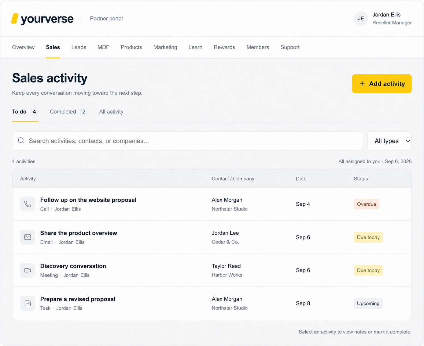 YourVerse partner portal showing sales activities, contacts, due dates, and task statuses
