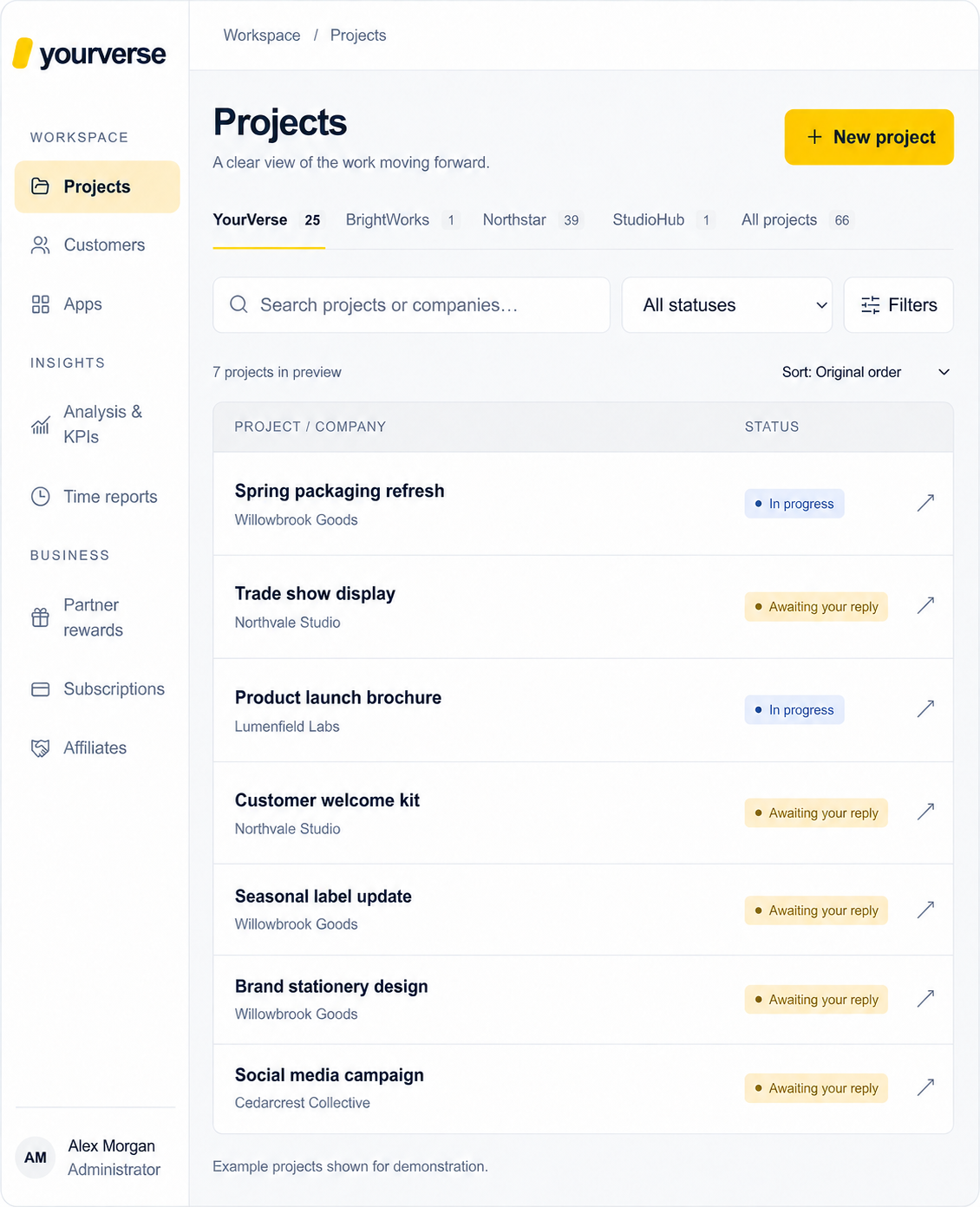 YourVerse project dashboard showing project names, clients, and progress statuses